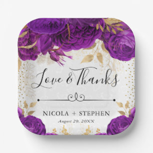 Watercolor Purple and Gold Flowers Wedding Paper Plate