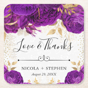 Watercolor Purple and Gold Flowers Wedding Square Paper Coaster