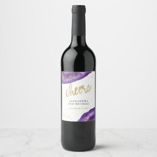 Watercolor Purple and Gold Geode Wedding Cheers Wine Label