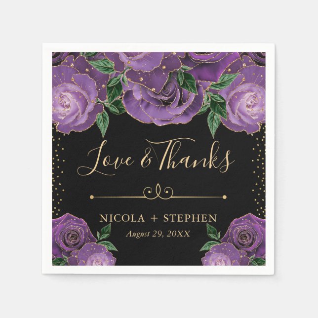 Watercolor Purple and Gold Glam Roses Wedding Napkin (Front)