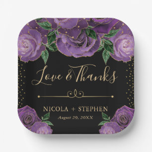 Watercolor Purple and Gold Glam Roses Wedding Paper Plate