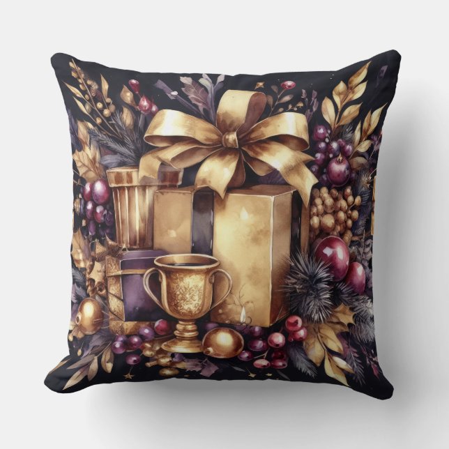 Watercolor Purple and Gold Holiday Motif Cushion (Front)