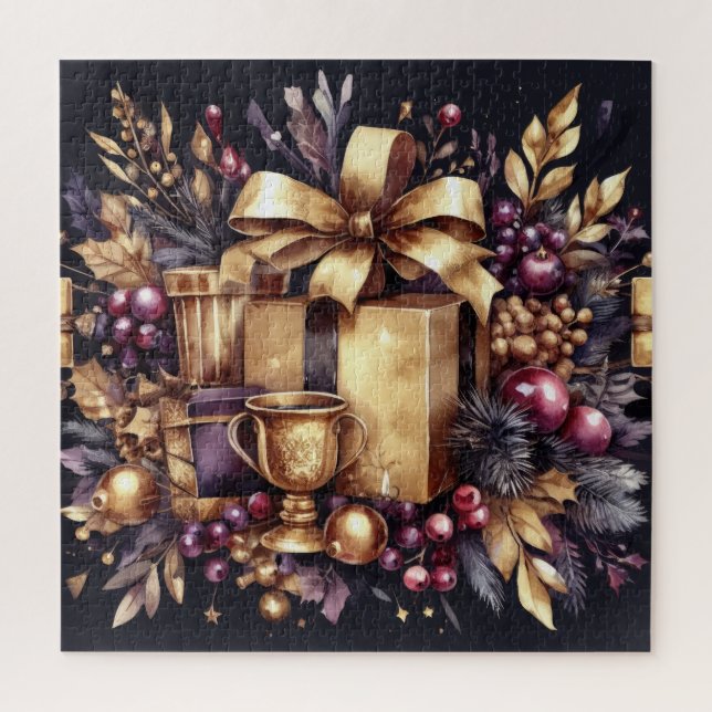 Watercolor Purple and Gold Holiday Motifs Collage Jigsaw Puzzle (Vertical)