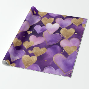 Watercolor Purple and Gold Ink Valentines Hearts Wrapping Paper