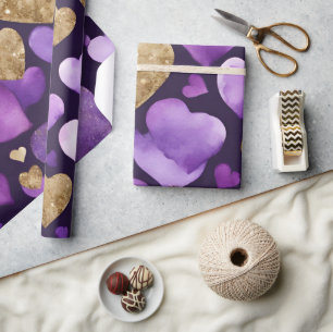Watercolor Purple and Gold Ink Valentines Hearts Wrapping Paper