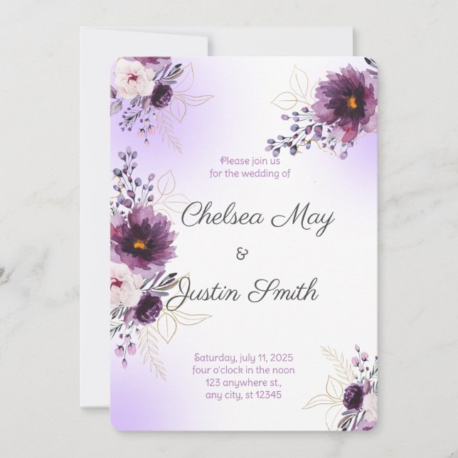 Watercolor purple and gold Peony Wedding Invitation (Front)