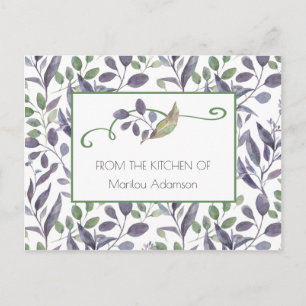 Watercolor Purple and Green Leaves Recipes Postcard
