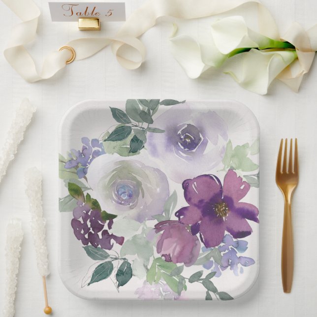  Watercolor Purple and Lavender Flowers Paper Plate (Wedding)