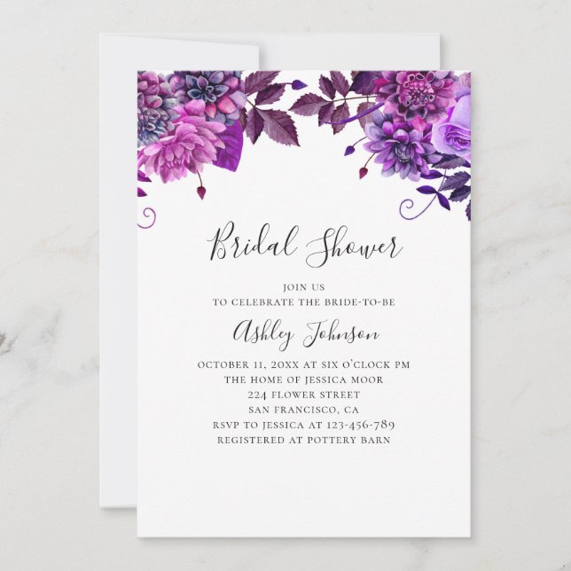 Watercolor purple and lilac floral bridal shower invitation (Front)