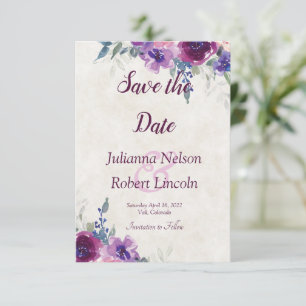 Watercolor purple and mauve floral  save the date  invitation
