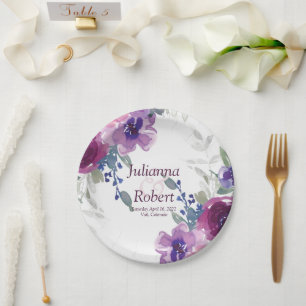 Watercolor purple and mauve floral wedding pape paper plate