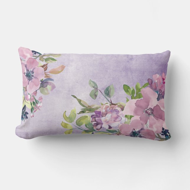 Watercolor Purple and Mauve Flowers Lumbar Cushion (Front)