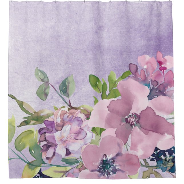 Watercolor Purple and Mauve Flowers Shower Curtain (Front)