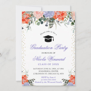 Watercolor Purple and Orange Flowers Graduation Invitation