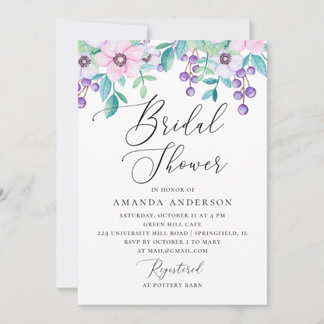 Watercolor purple and pink floral bridal shower invitation (Front)