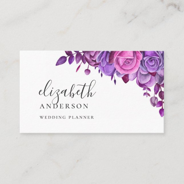 Watercolor purple and pink floral professional business card (Front)