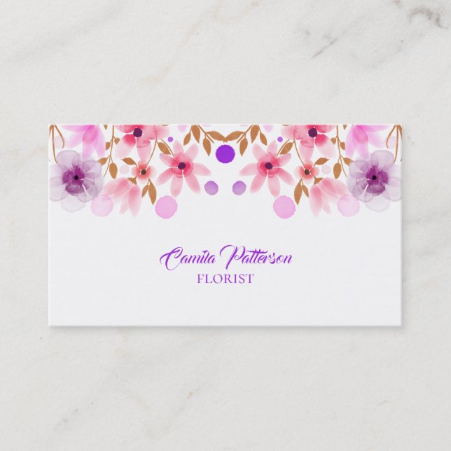 Watercolor Purple And Pink Flowers Business Card (Front)