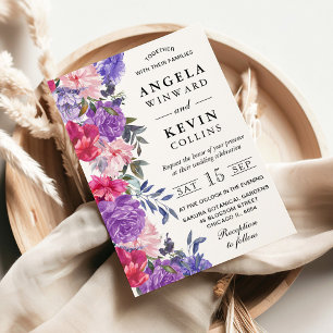 Watercolor Purple and Pink Flowers Wedding Invitation