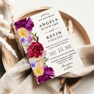 Watercolor Purple and Red Flowers Wedding Invitation