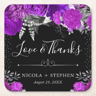 Watercolor Purple and Silver Flowers Wedding Square Paper Coaster