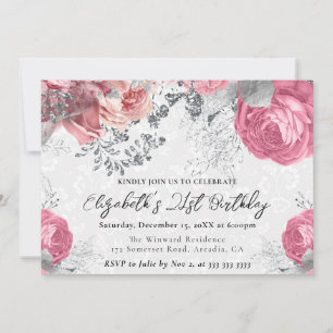 Watercolor Purple and Silver Roses 21st Birthday Invitation