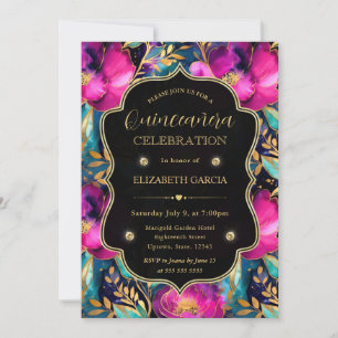Watercolor Purple and Teal Flowers Quinceanera Invitation