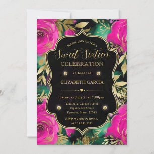 Watercolor Purple and Teal Flowers Sweet 16 Invitation