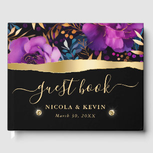 Watercolor Purple and Teal Flowers Wedding  Guest Book