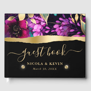 Watercolor Purple and Teal Flowers Wedding Guest Book