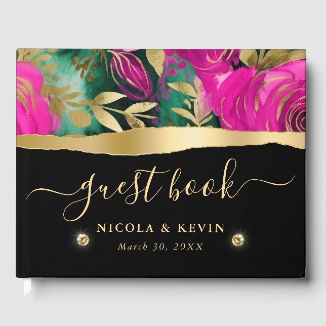 Watercolor Purple and Teal Flowers Wedding  Guest Book (Front)