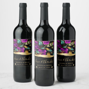 Watercolor Purple and Teal Flowers Wedding Wine Label
