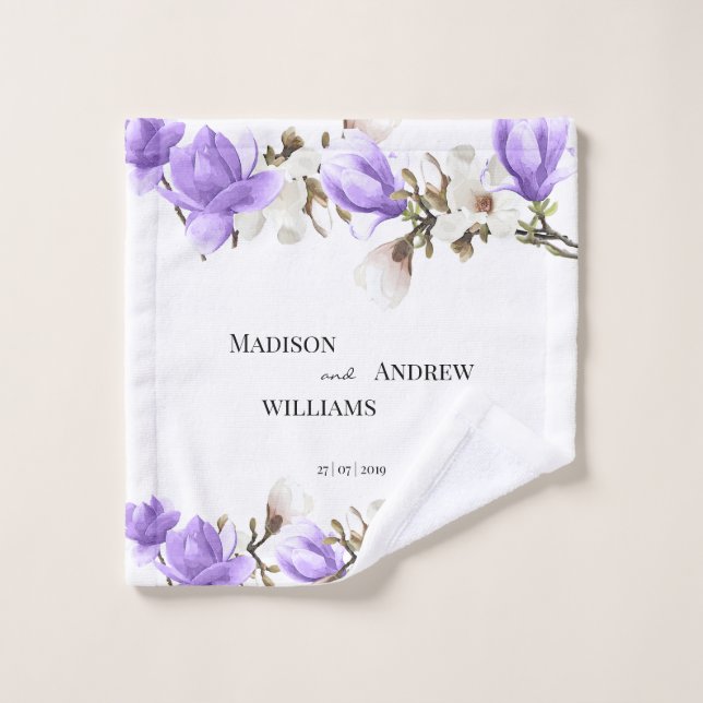 Watercolor Purple and White Magnolia Blossom Bath Towel Set (Wash Cloth)