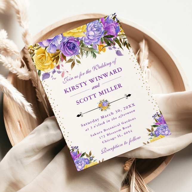 Watercolor Purple and Yellow Flowers Wedding Invitation (Creator Uploaded)