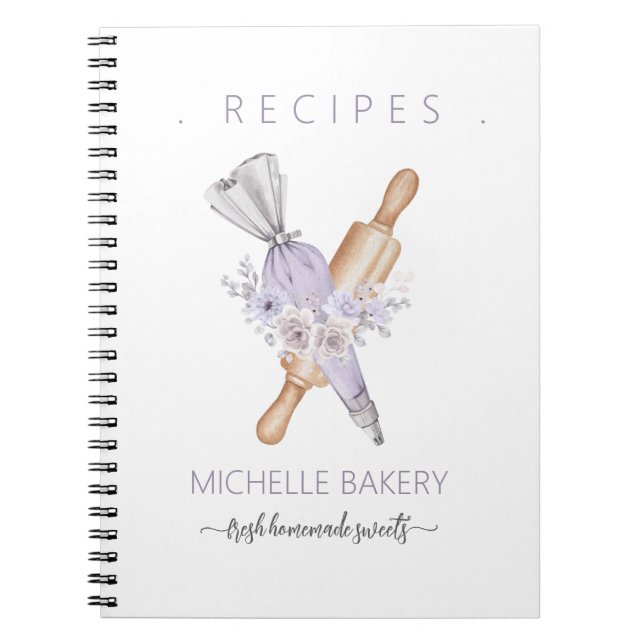 Watercolor Purple Bakery floral tools Recipes Notebook (Front)