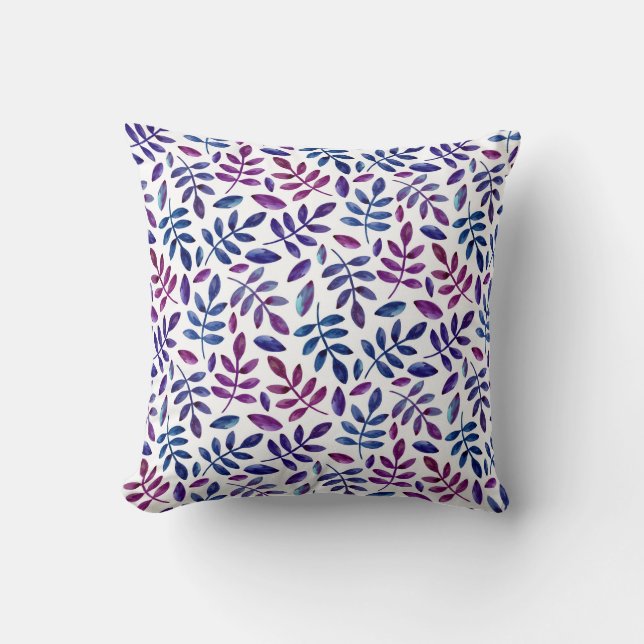 Watercolor purple blue floral foliage pattern cushion (Front)