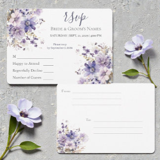 Watercolor Purple & Blue Floral Wedding RSVP Invitation