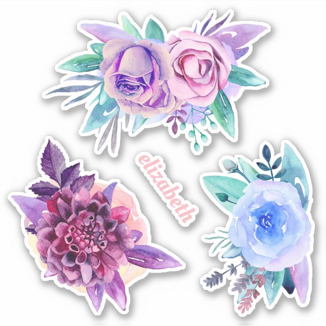 Watercolor purple blue garden flowers. Pink floral (Front)