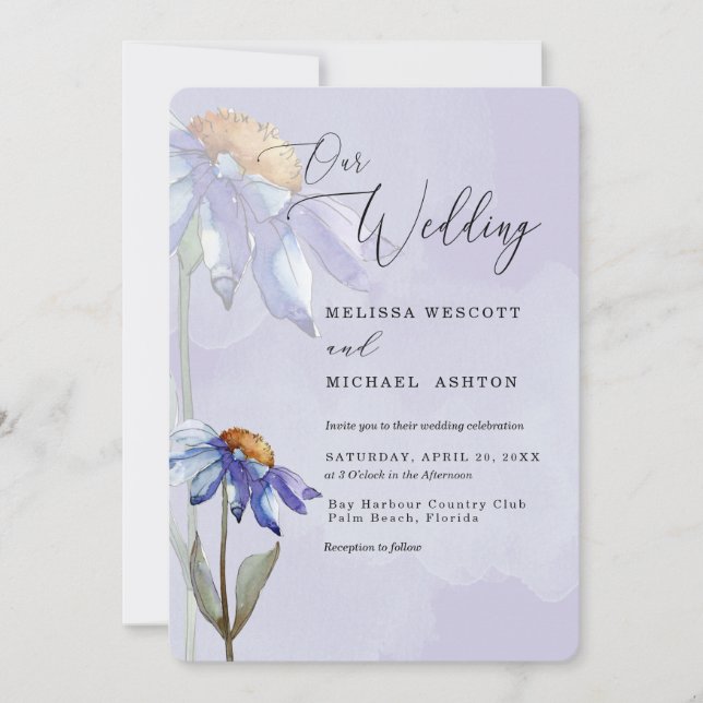 Watercolor Purple Blue Gerbera Daisy Wedding Invitation (Front)