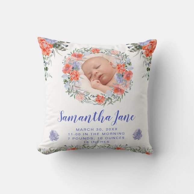 Watercolor Purple & Blush Flowers Baby Phoio Cushion (Front)