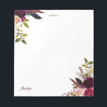 Watercolor Purple Boho Floral Autumn Personalised Notepad<br><div class="desc">A bohemian-inspired notepad featuring watercolor illustrations of purple,  red and pink roses and peonies with feathers accent. This floral notepad will be perfect for personal use.</div>