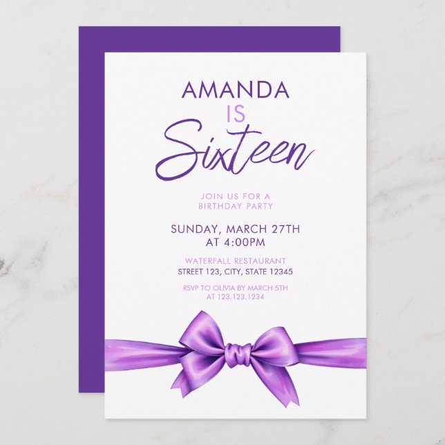 Watercolor Purple Bow Coquette Sweet 16 Birthday Invitation (Front/Back)