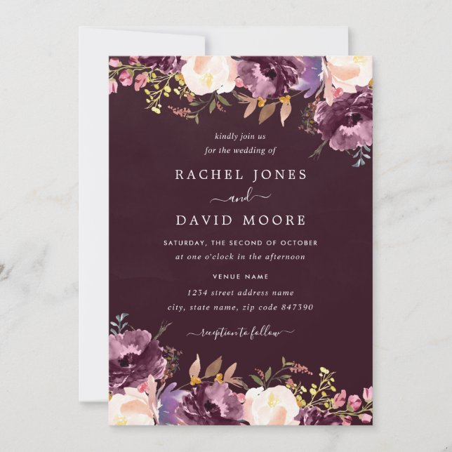 Watercolor Purple Burgundy Floral Wedding Invitation (Front)