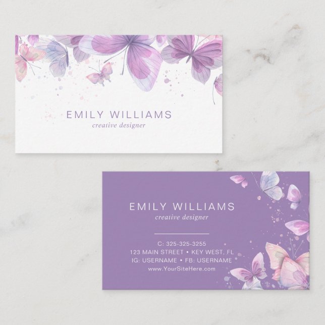 Watercolor Purple Butterflies Business Card (Front/Back)