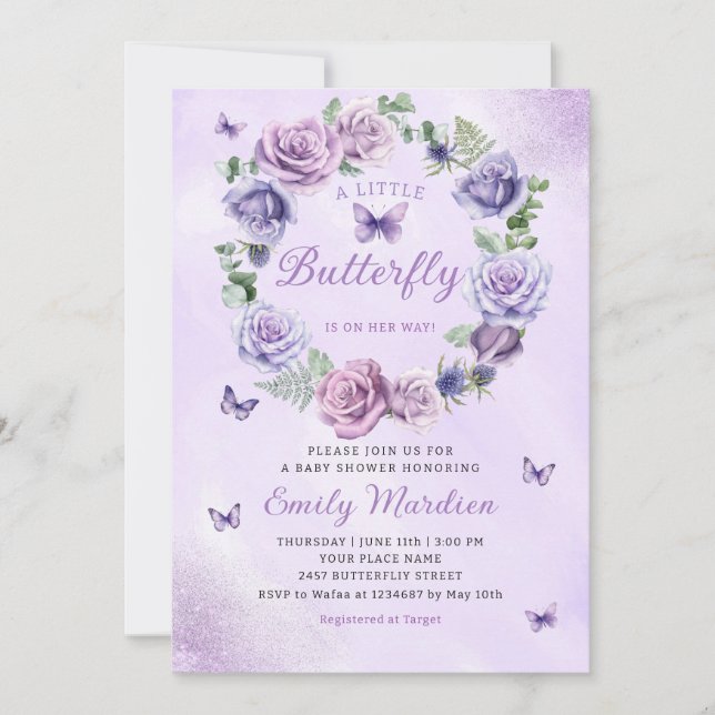 Watercolor Purple Butterfly Baby Girl Baby Shower  Invitation (Front)