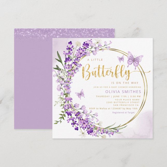 Watercolor Purple Butterfly Baby Girl Baby Shower Invitation (Front/Back)