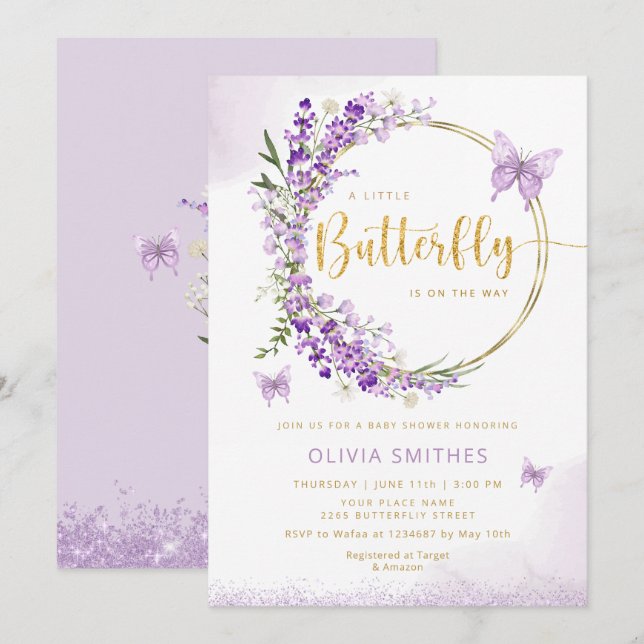 Watercolor Purple Butterfly Baby Girl Baby Shower Invitation (Front/Back)