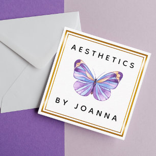 Watercolor Purple Butterfly Gold Border Aesthetics Square Business Card