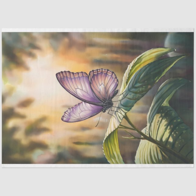 Watercolor Purple Butterfly on a Leaf Decoupage Tissue Paper (Front)