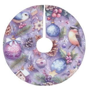 Watercolor Purple Christmas Motifs Holiday Birds Brushed Polyester Tree Skirt