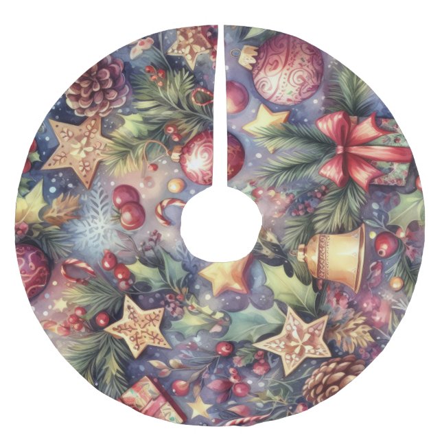 Watercolor Purple Christmas Motifs Holiday Brushed Polyester Tree Skirt (Front)